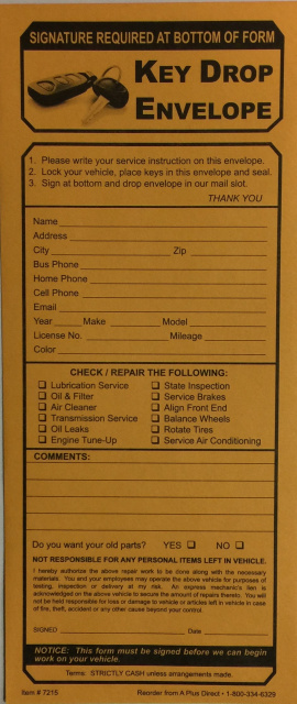 Key Drop Envelope with Repair Options